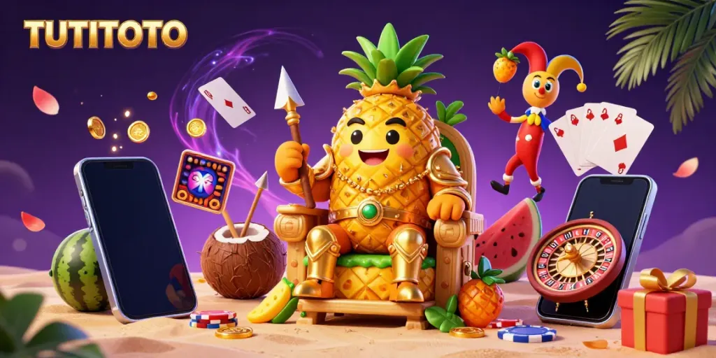 TUTITOTO's vibrant beach casino scene with a pineapple king, coconut guards, and colorful gambling elements.