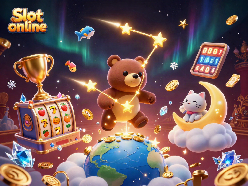 Slot online yang menarik menampilkan beruang rasi bintang dan simbol jackpot berkilau.