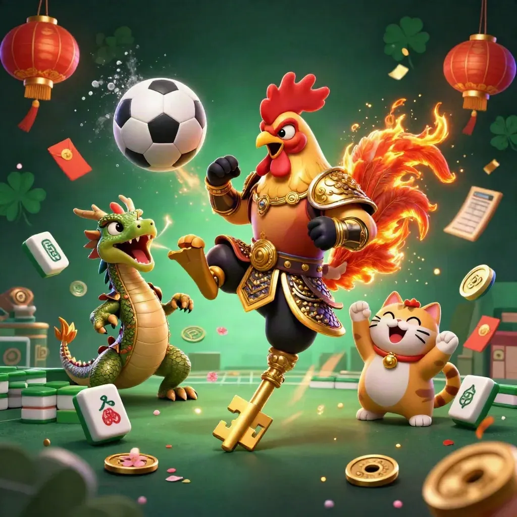 Ayam samurai, naga mini, dan kucing hoki dikelilingi koin dan petasan neon.