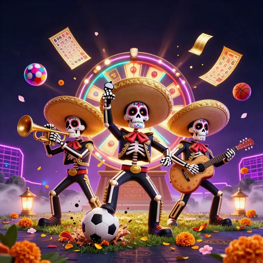 Tiga kerangka mariachi meledakkan bola sepak dengan efek kasino neon mewah.