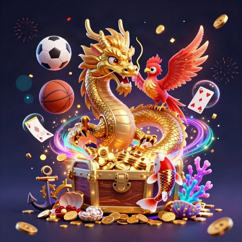 Naga emas 3D di peti harta, phoenix merah, koi, bola dan koin meledak di latar neon gelap.