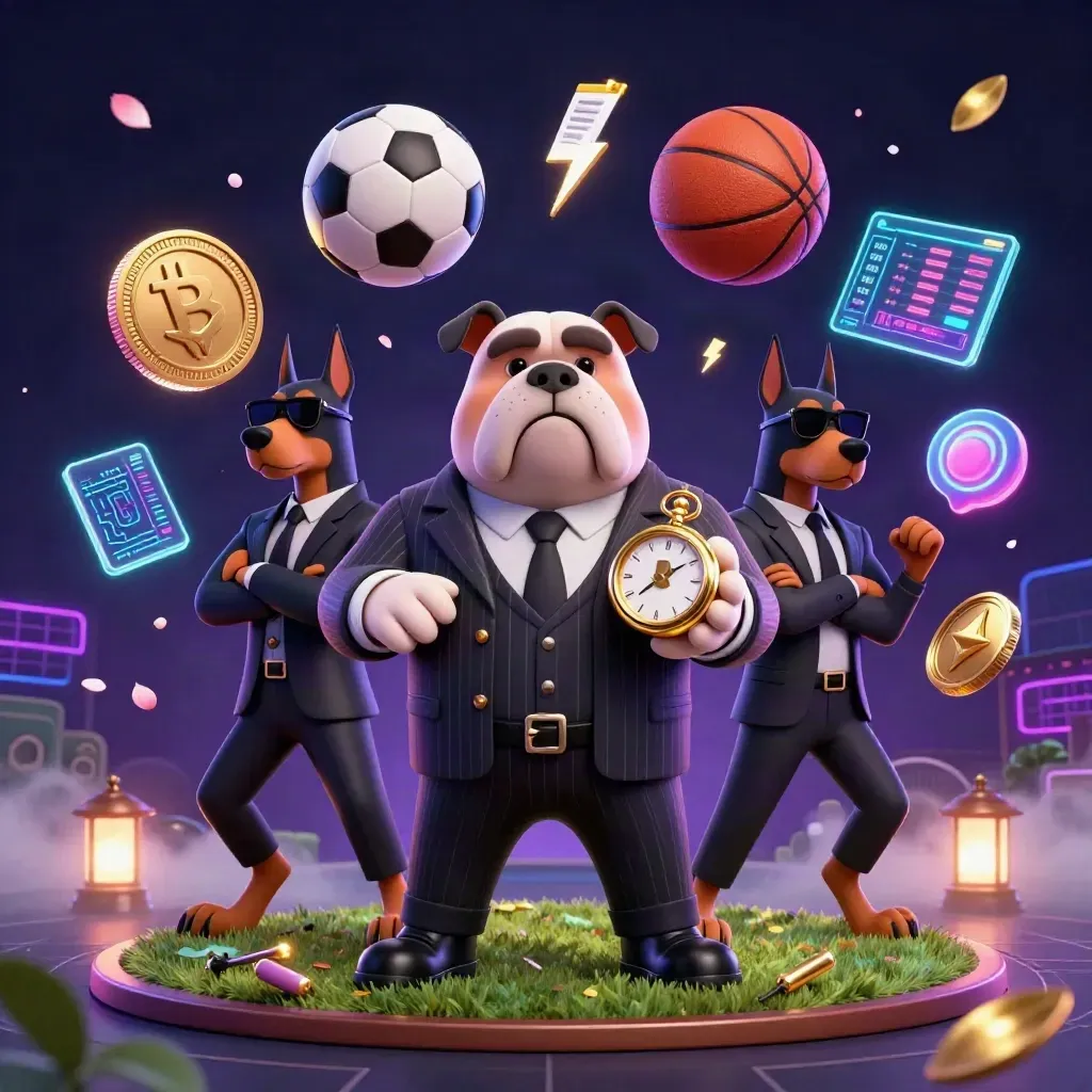 Tiga anjing mafia kartun, koin kripto, bola, kabut neon, dan efek emas meledak dramatis.