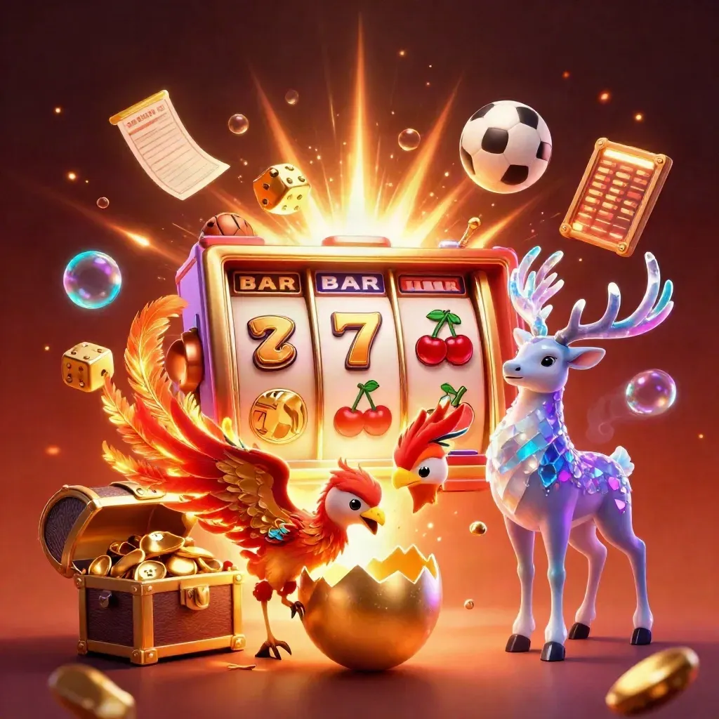 Phoenix, rusa bertanduk kristal, slot emas, bola olahraga, dan efek neon meledak dramatis.