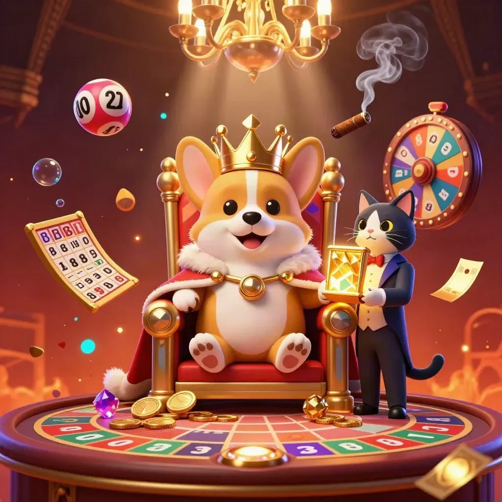 Korgi mahkota emas dan pelayan kucing di kasino neon dengan roda hadiah dan cahaya dramatis.