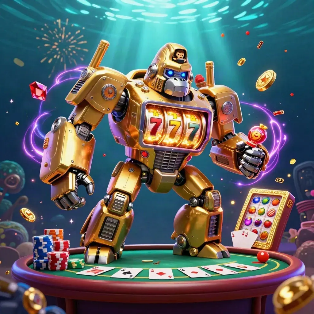 Mek gorila emas dan monyet pilot di antara chip poker, kilau neon, dan harta meledak.
