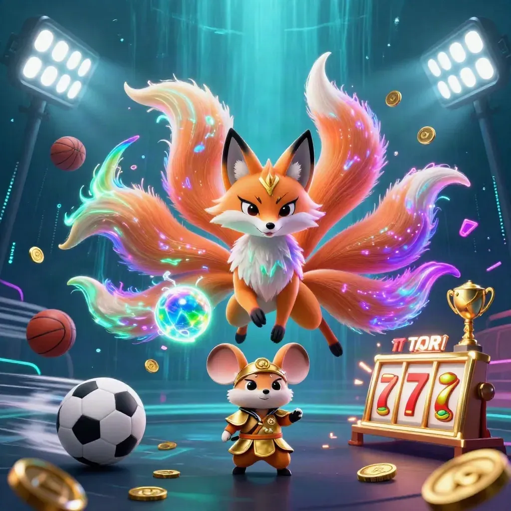 Rubah roh berkepang sembilan dan tikus samurai emas, dikelilingi bola, koin, dan cahaya neon.