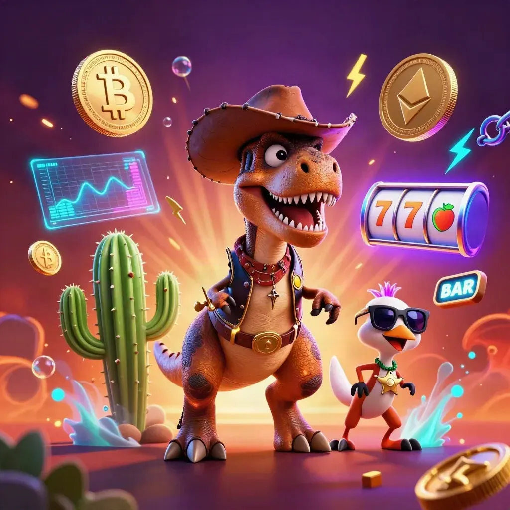 T-Rex koboi, kaktus, dan roadrunner dikelilingi koin kripto dan neon