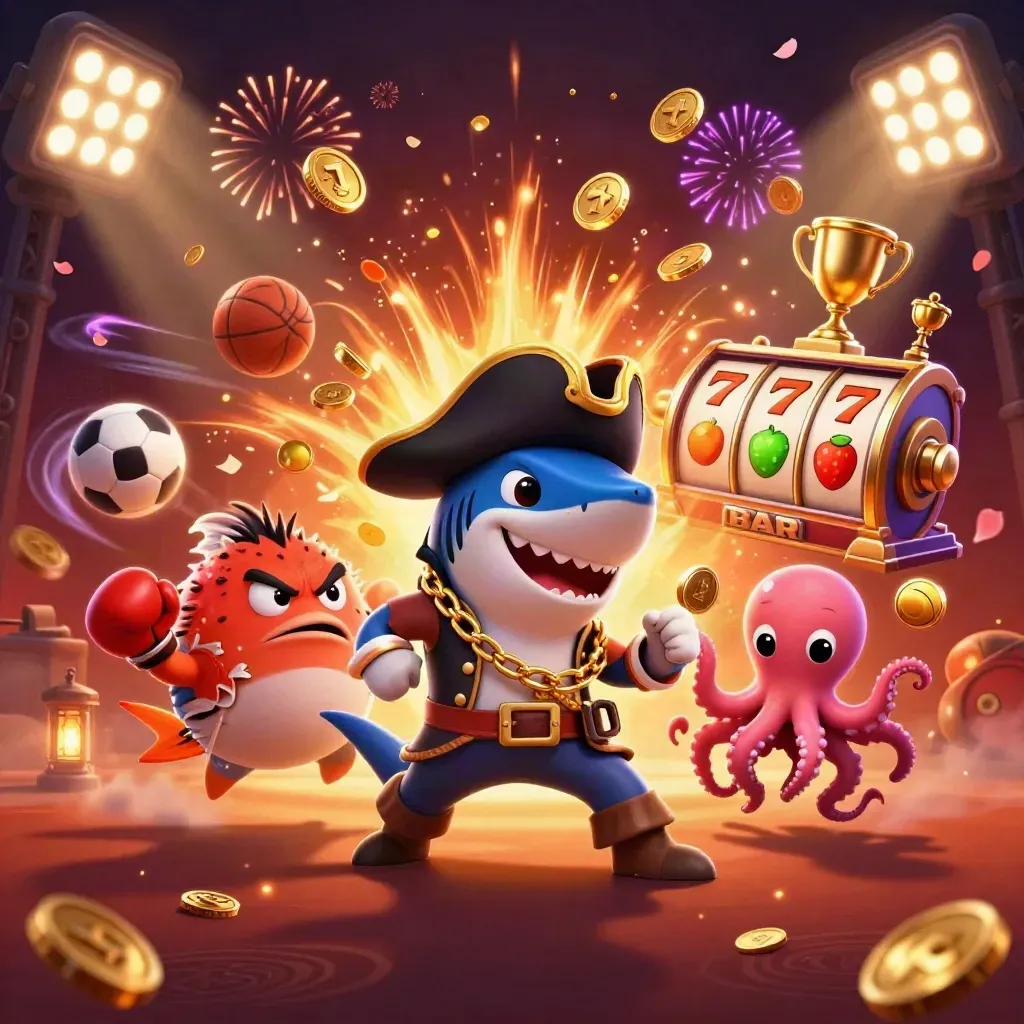 Hiu bajak laut, ikan buntal, dan gurita bayi dikelilingi koin, tropi, dan efek neon casino.