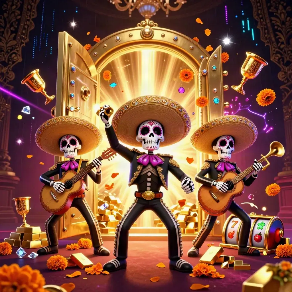 Tiga kerangka mariachi neon di depan pintu harta emas yang terbuka, mewah dan enerjik.