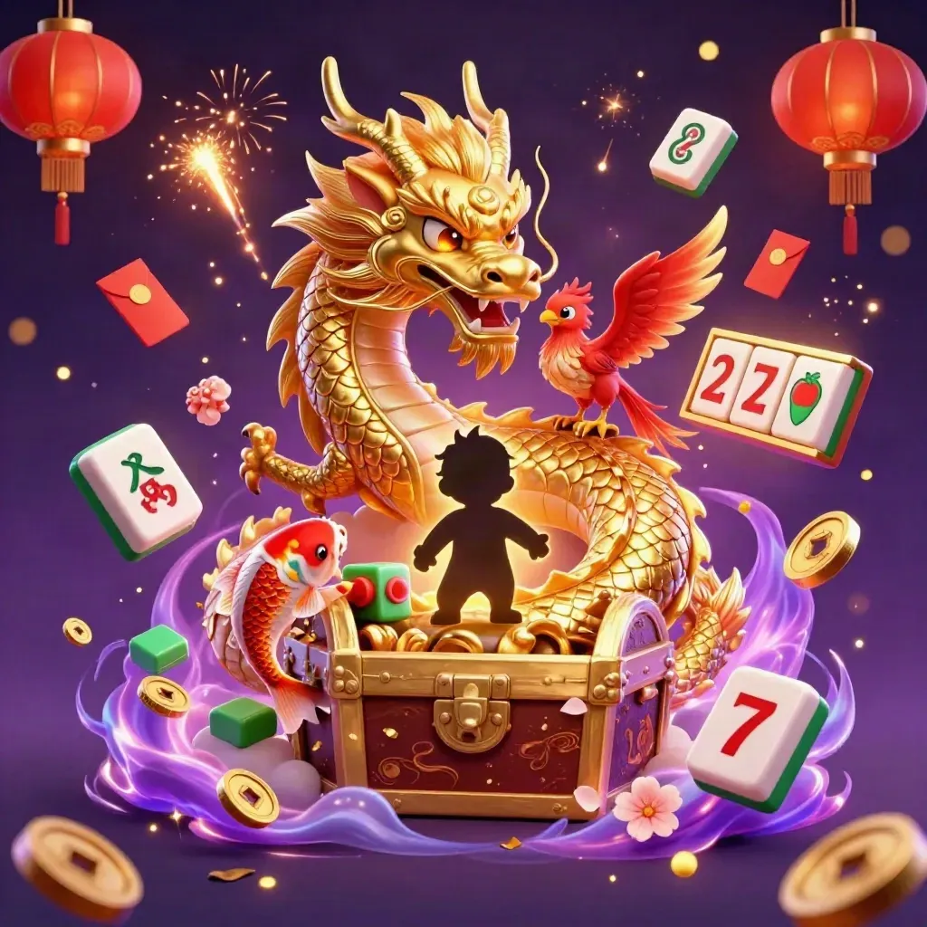 Naga emas melingkar di peti harta, phoenix merah, koi, dan efek slot neon mewah.