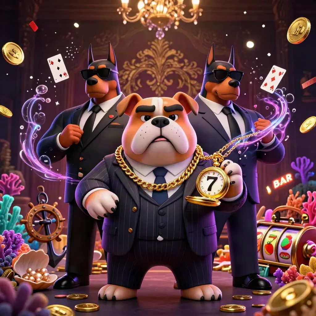Bulldog bos mafia dan dua doberman di tengah harta karun slot neon