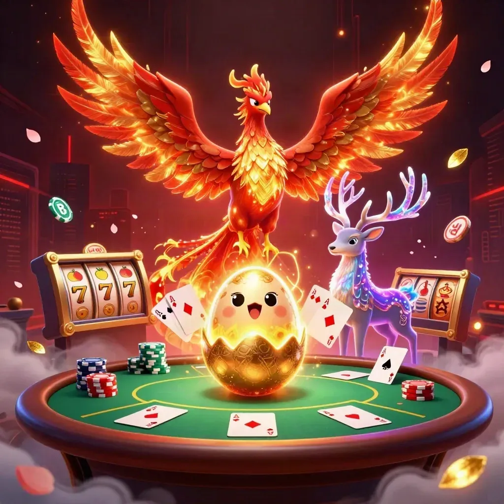 Phoenix, anak phoenix, dan rusa mistis di meja poker neon dengan emas, chip, dan slot.