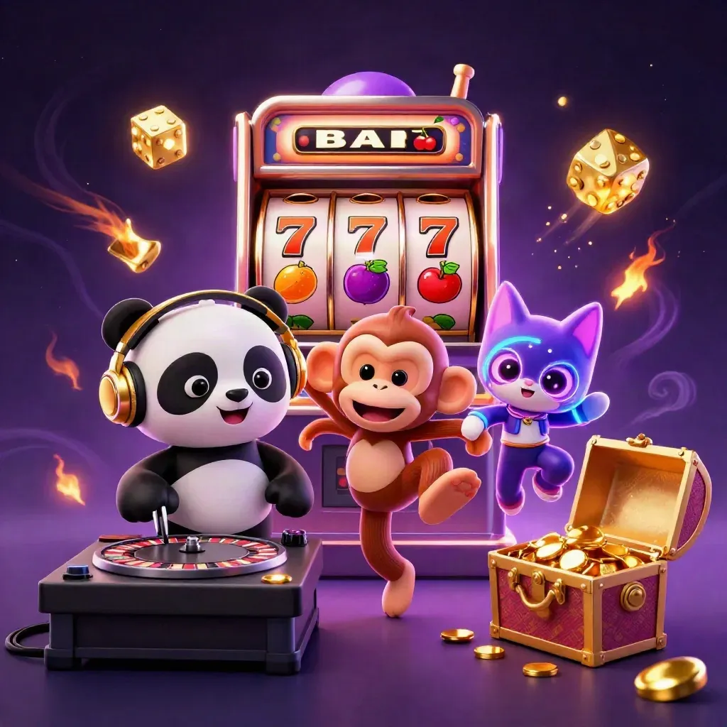 3 karakter kartun kasino berpesta di antara slot, emas, dan efek neon