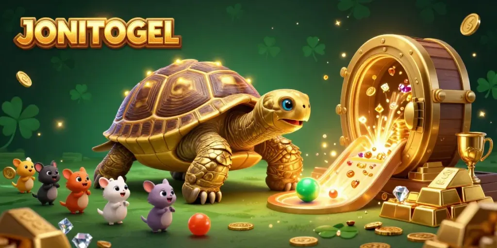 Experience JONITOGEL's excitement with a magical tortoise pinball scene filled with treasures and playful animals.