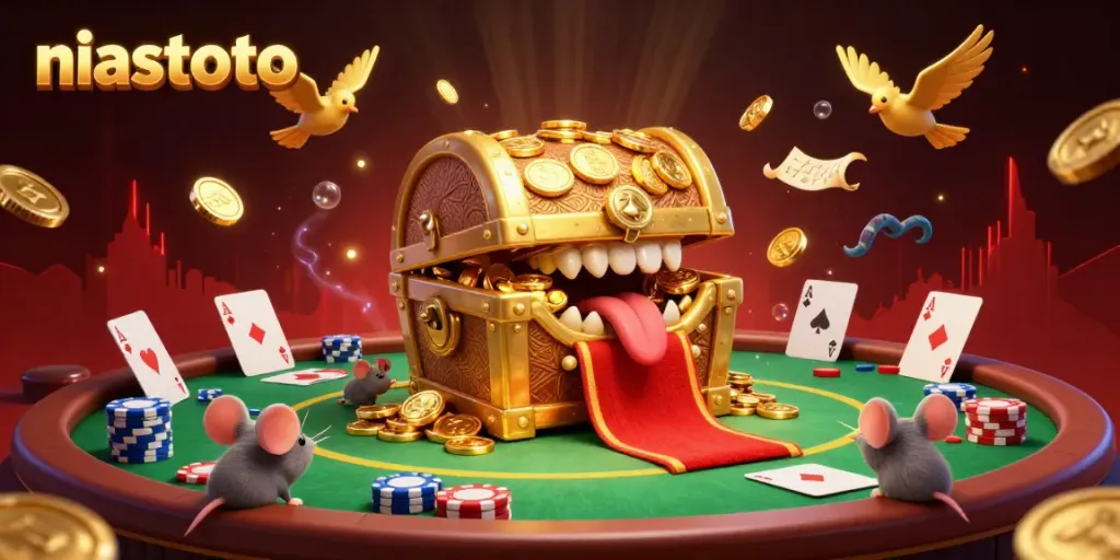 Permainan menarik niastoto dengan karakter peti harta karun 3D dan suasana kasino penuh detail.