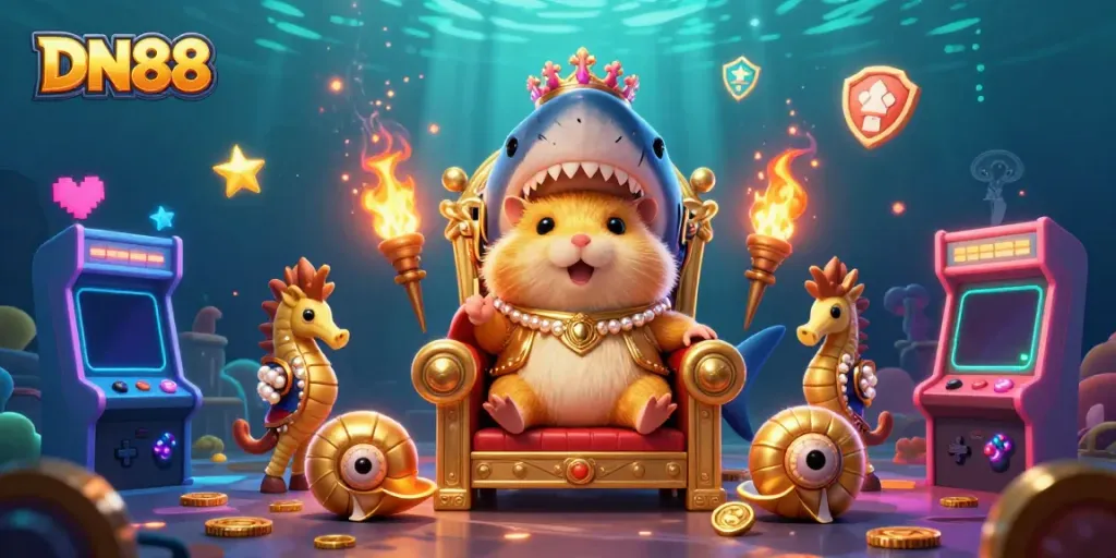 Experience the vibrant underwater world of DN88 with a hamster king amid casino-themed elements and glowing arcade games.