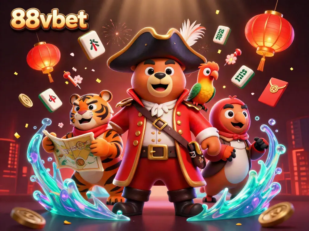 Experience thrilling gaming at 88vbet with a vibrant 3D casino scene featuring pirate characters