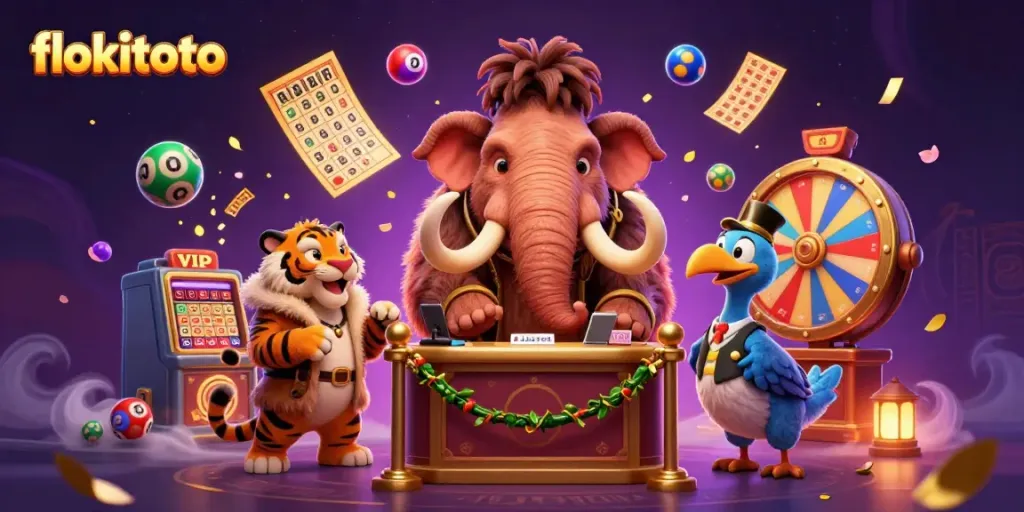 Bounce into the vibrant world of flokitoto with a lively scene featuring a woolly mammoth, saber-tooth tiger, and dodo bird surrounded by colorful gaming elements.
