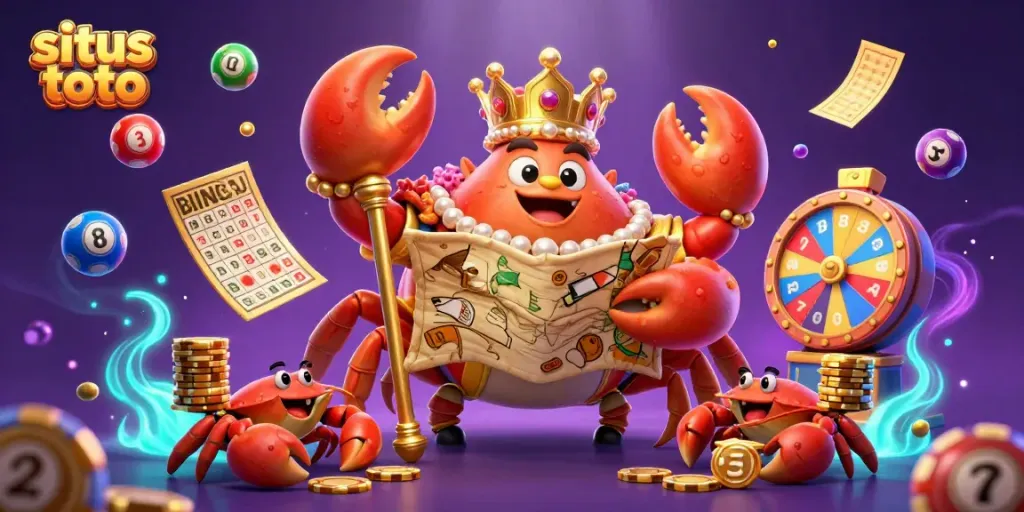 Situs toto featuring a golden crab emperor among vibrant lottery elements and a treasure map.