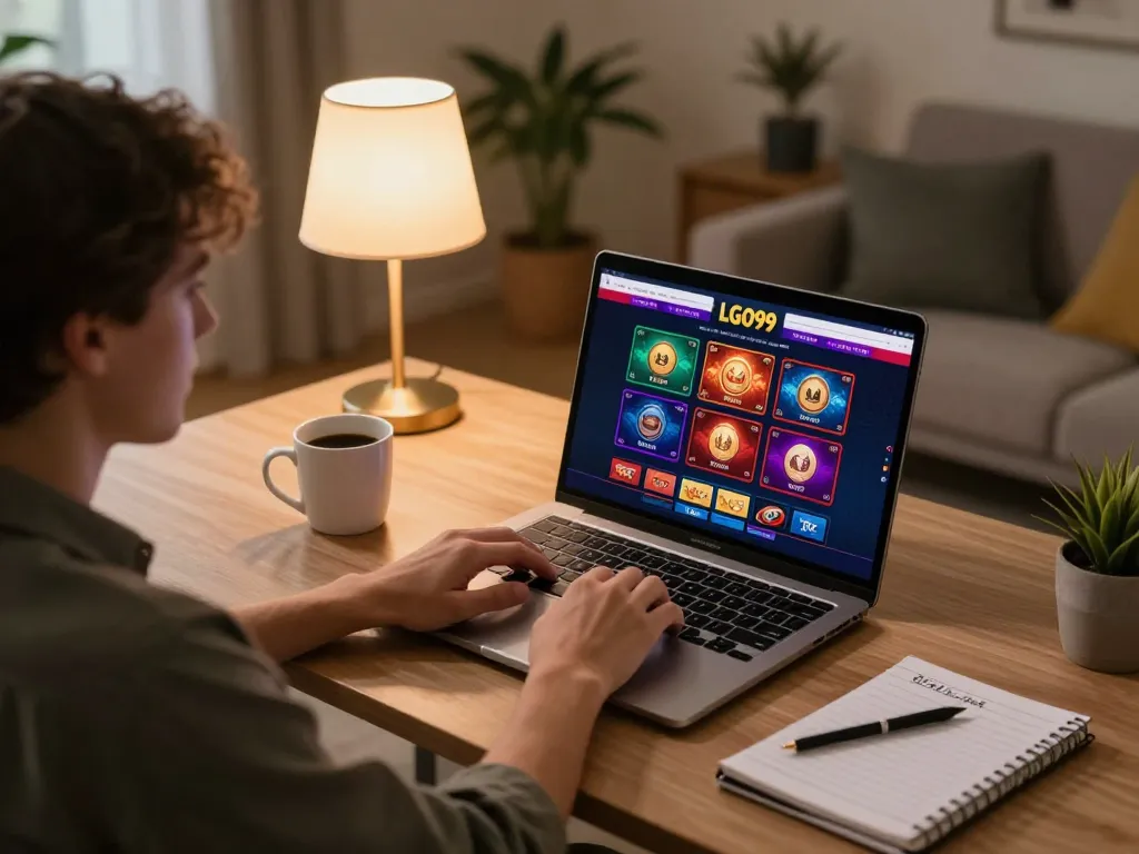 LGO99 online casino setup showcasing lifestyle gaming strategies at home with laptop and notebook.