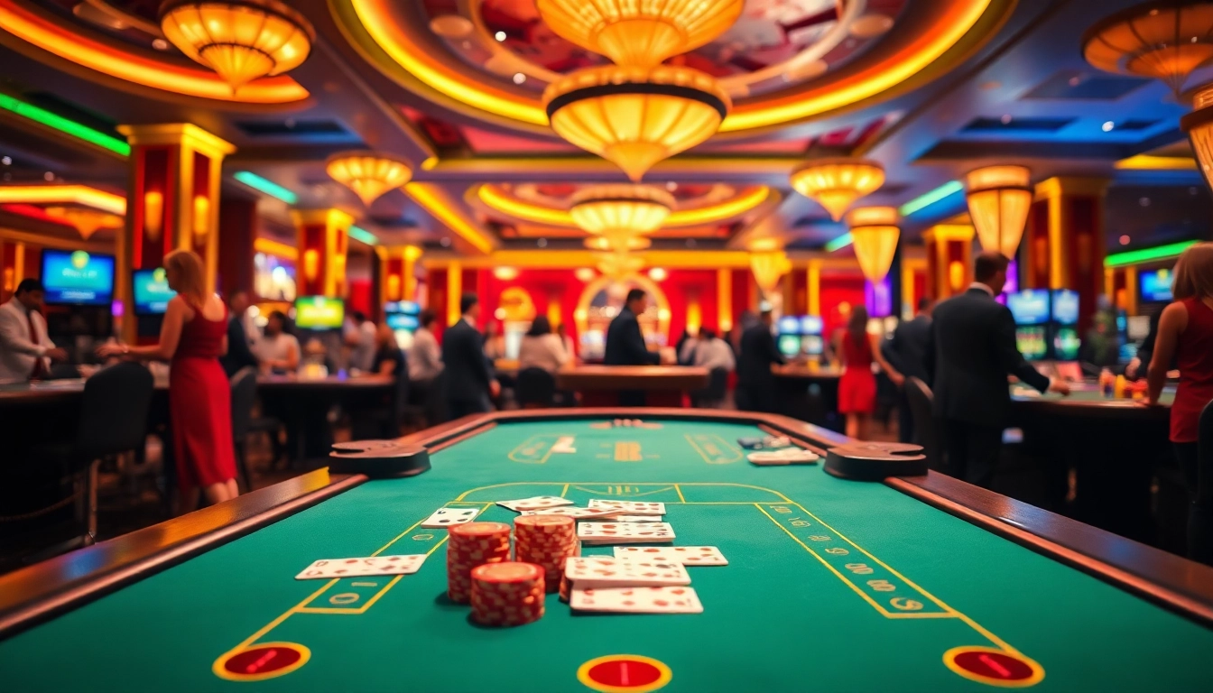 Permainan kasino ondel4d yang menarik dengan meja baccarat dan pemain aktif di latar belakang.