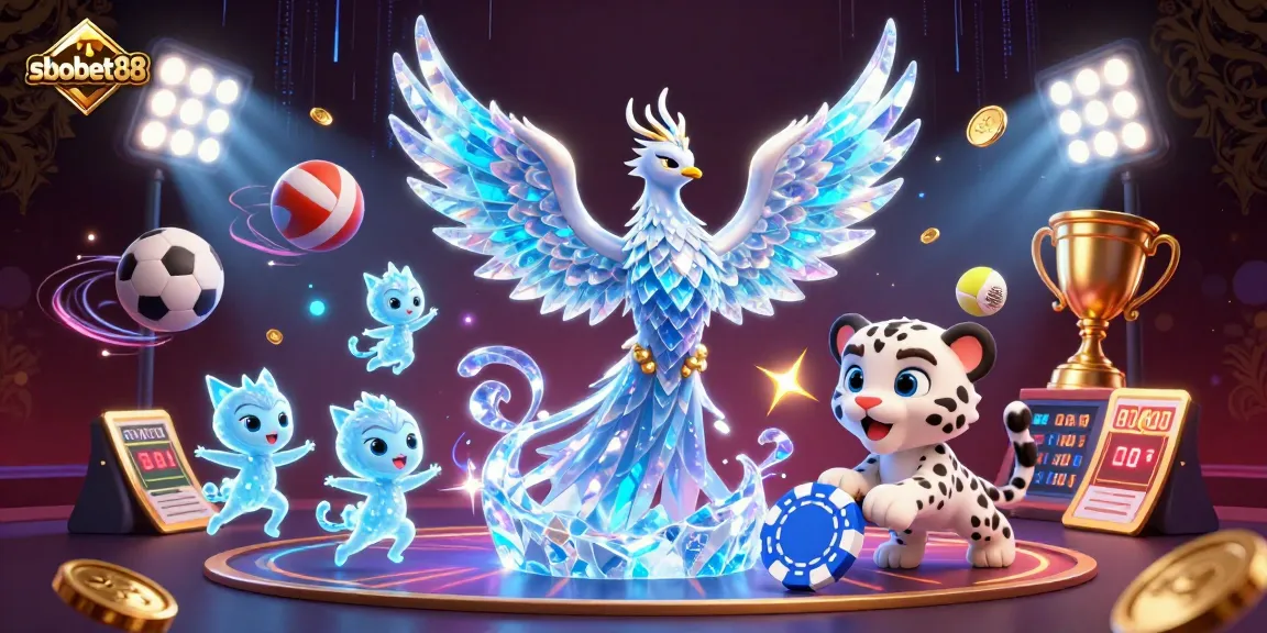 SBOBET88 sports betting scene featuring an ice phoenix, leopard cub, and glowing sprites amidst dynamic game elements.