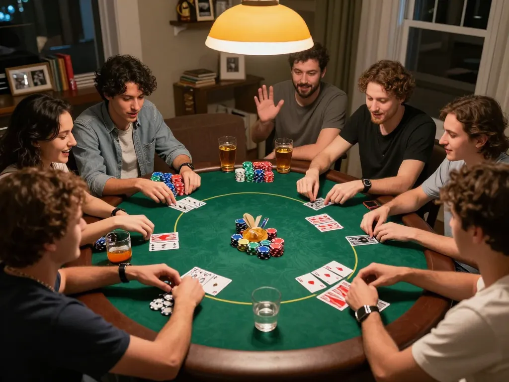 Friends actively playing poker during a home game night with cgk303 strategies at play