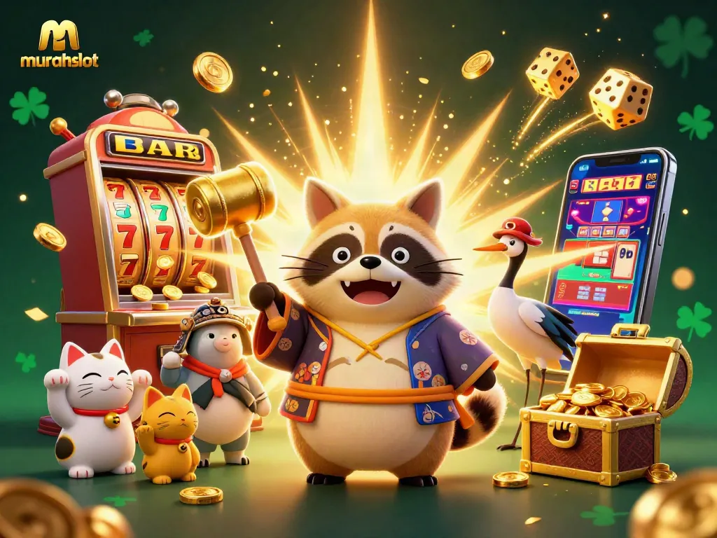 Experience the excitement of murahslot with cheerful tanuki and a jackpot explosion in this vibrant casino illustration.