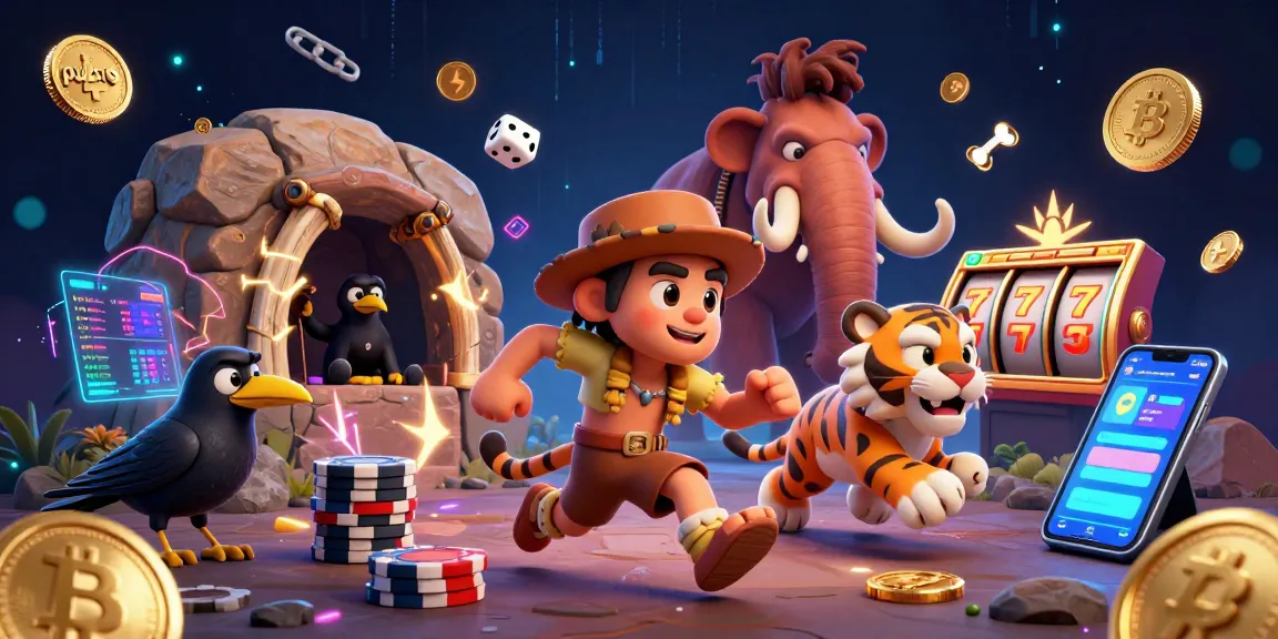 Experience pulau69's exciting prehistoric casino with vibrant elements, featuring caveman characters and neon crypto details.