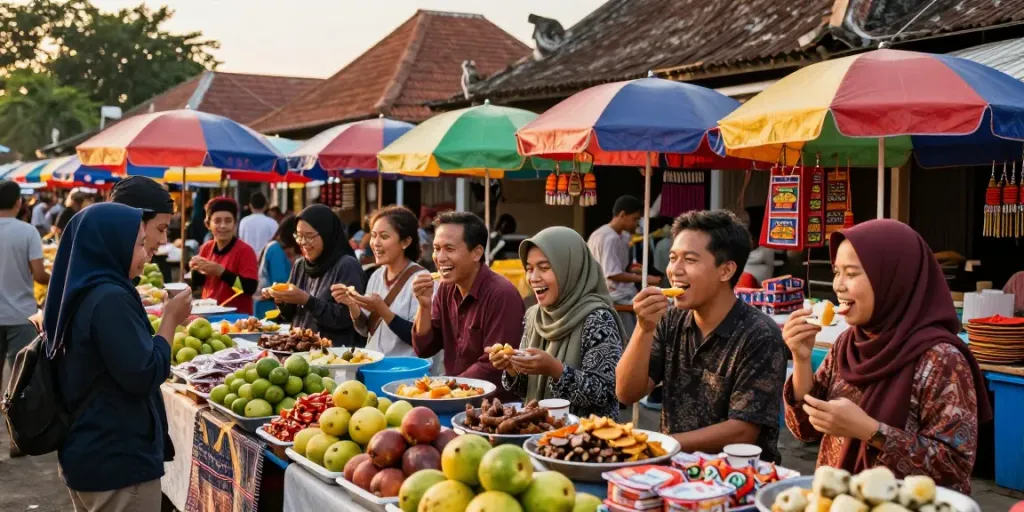 Pengunjung mencicipi makanan jalanan di pasar Kediritoto yang ramai dan berwarna-warni.