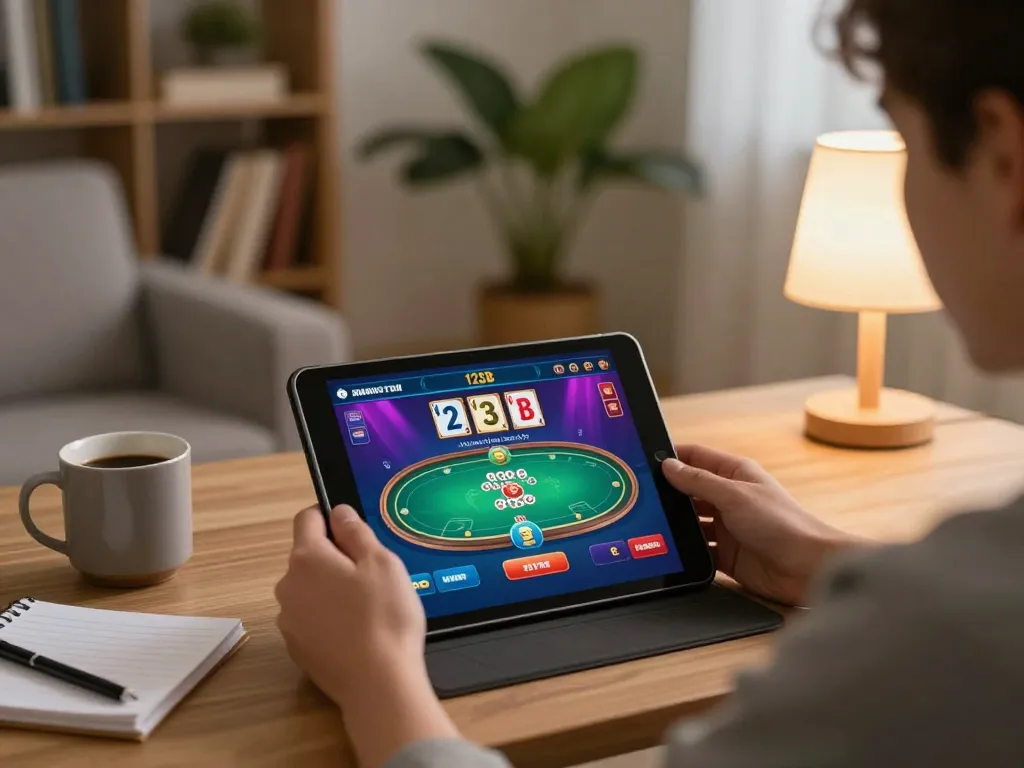 Engaged player using 123B app on tablet during online gaming session at home
