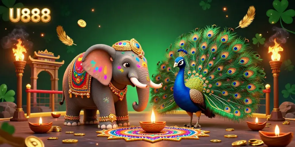 Experience the excitement of U888 with a vibrant casino-themed illustration featuring an elephant and peacock amidst dynamic gaming elements.