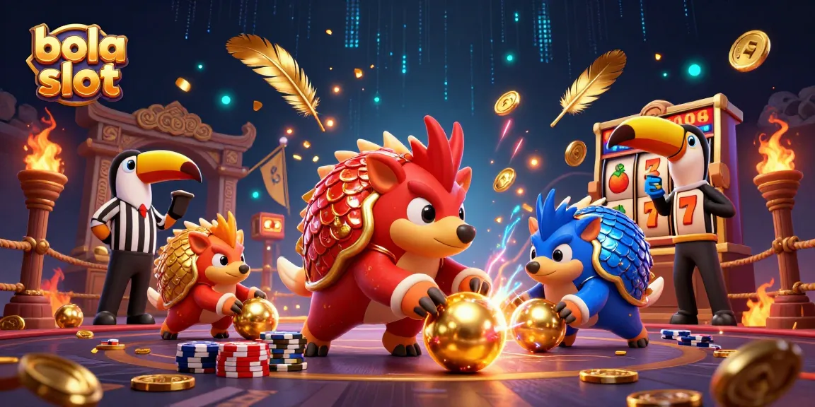 Experience the excitement of bola slot with rival pangolins bowling golden balls in a colorful casino scene.