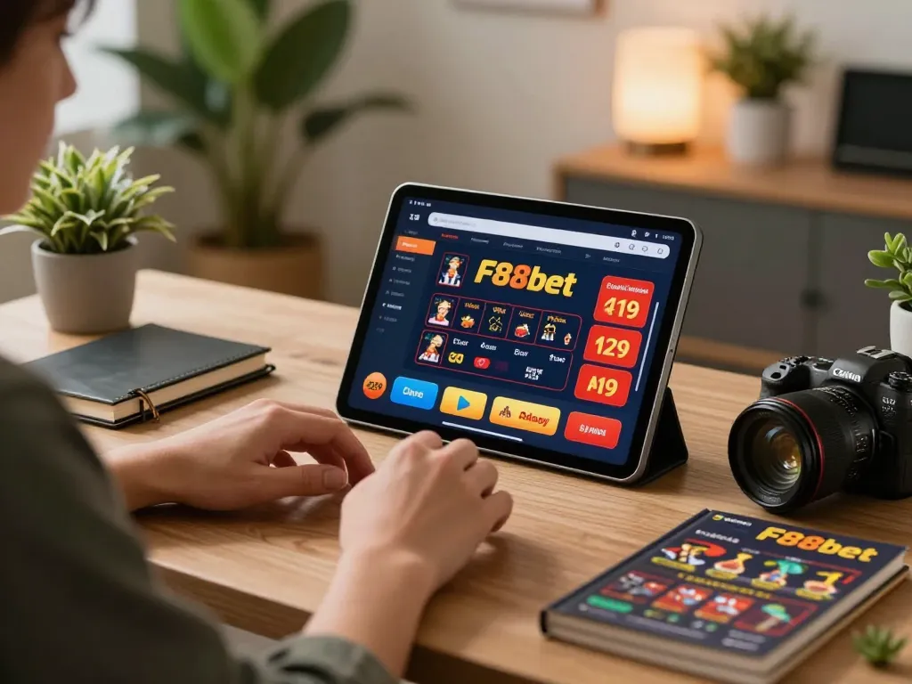 Person strategizing for F88bet online casino on tablet in inviting home office.