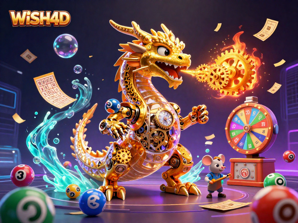 Unleash the excitement of WISH4D with vibrant lottery elements and a dragon's golden gears.