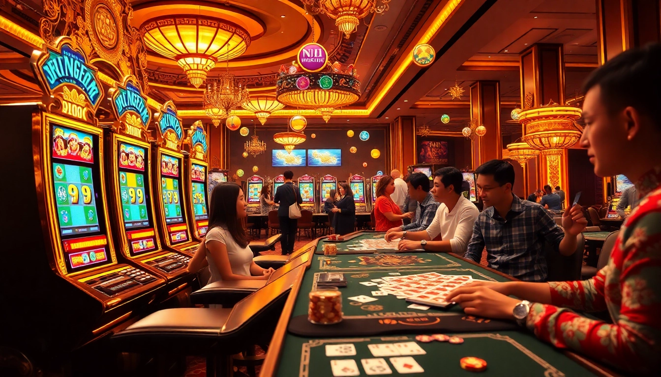 Nổ hũ players enjoying a vibrant casino atmosphere with colorful slot machines and gaming excitement.