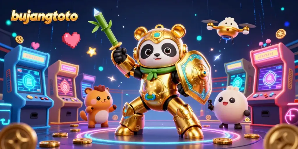 Bujangtoto showcases a vibrant 3D arena with a golden panda robot battling amidst casino-themed game elements.