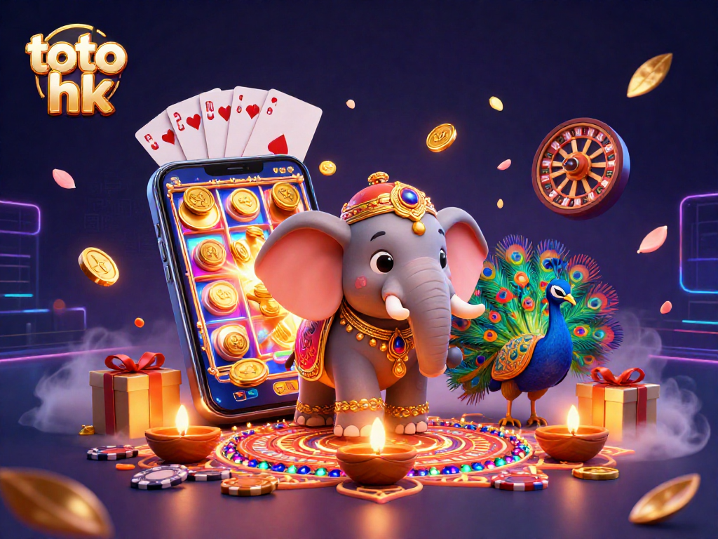 Mengakses permainan toto hk dengan elemen slot yang menarik dan karakter gajah berhias mengundang keberuntungan.