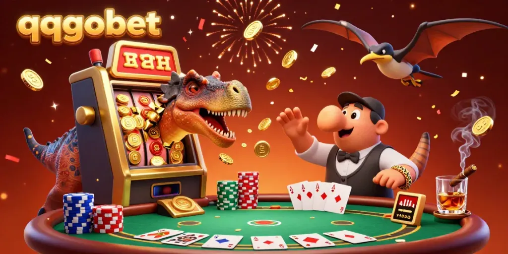 Experience the excitement of qqgobet as a pachycephalosaurus interacts with a golden slot machine, creating jackpot chaos in a vibrant casino.