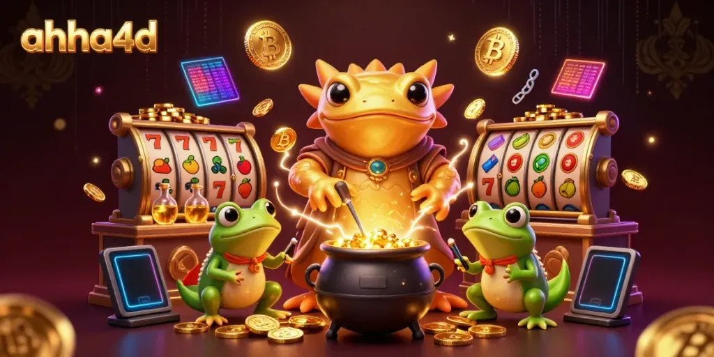 Engage with ahha4d's vibrant casino scene featuring golden characters and dynamic slot elements.