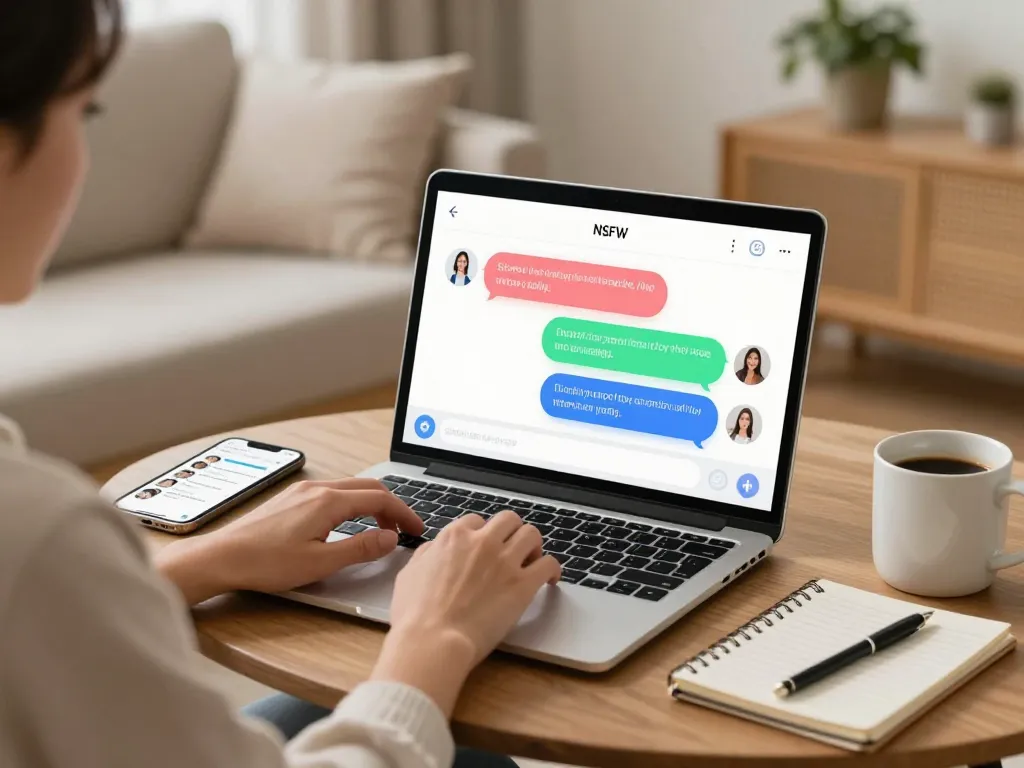 Engaging ai 18+ chatbot interaction scene with colorful chat bubbles in a cozy environment.