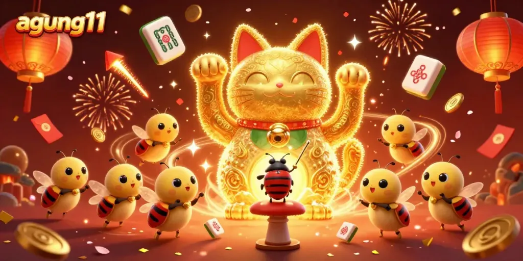 Experience winning moments at agung11 with a giant lucky cat and vibrant casino symbols.