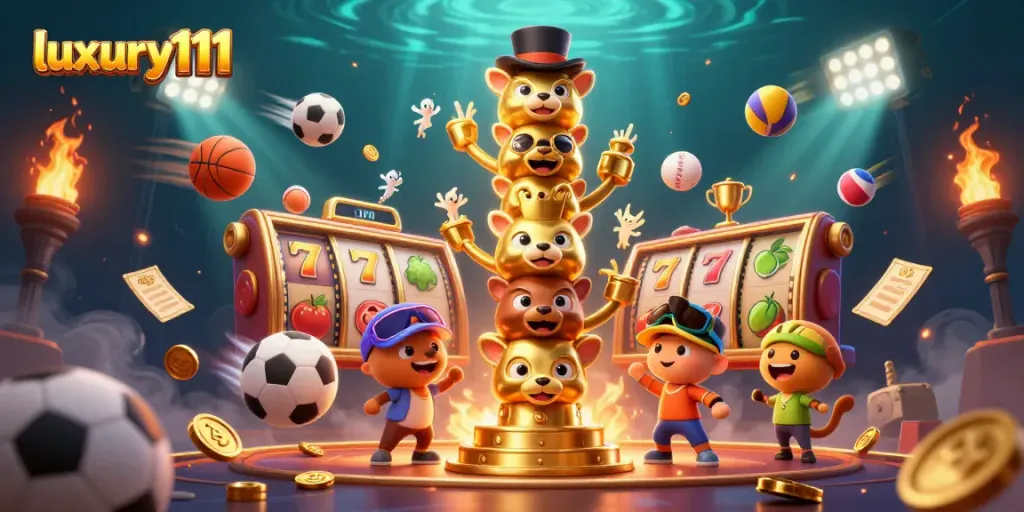 Engage in thrilling gameplay with luxury111 casino's vibrant slot reels and animated characters.