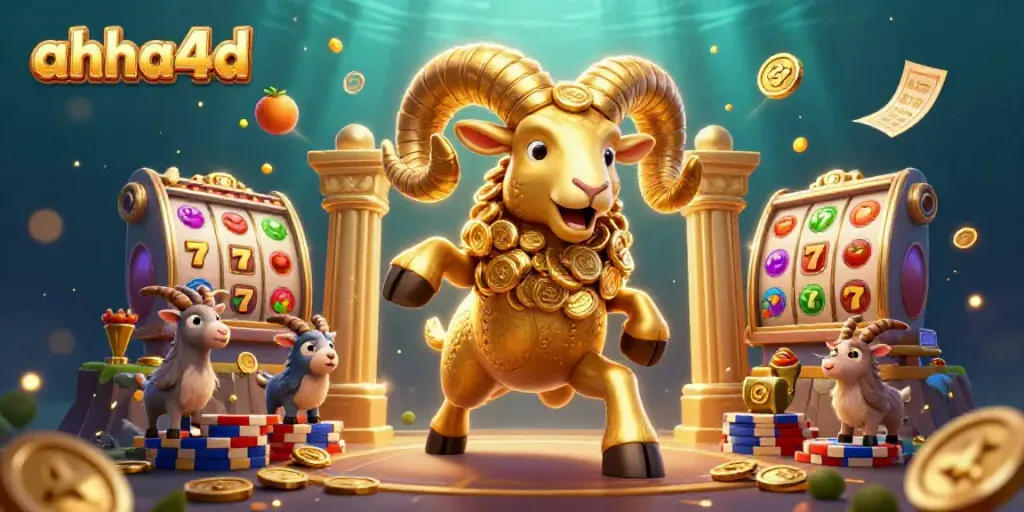 Visualisasi ahha4d menampilkan domba emas berlari di depan gerbang kasino, lengkap dengan simbol slot yang dinamis.