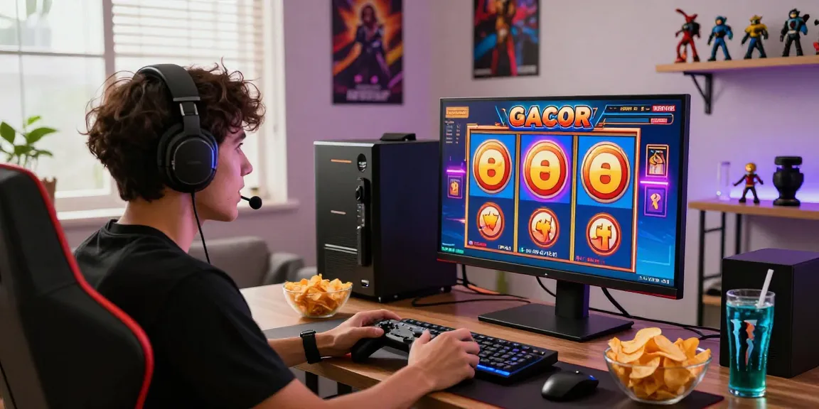 Enjoying a thrilling session of slot gacor online gaming in a cozy living room.
