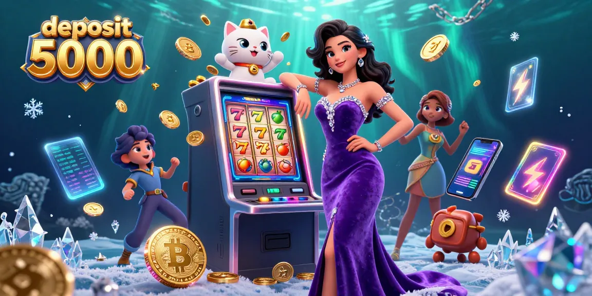 Win big with deposit 5000 at this vibrant online casino, showcasing a glamorous slot machine and fortune cat.