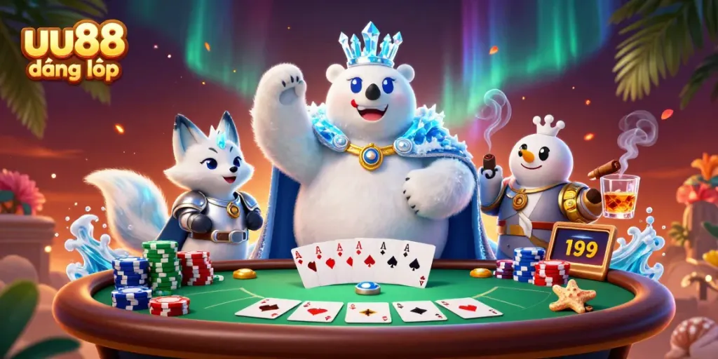 Engage in thrilling games with uu88 đăng nhập, featuring a lively poker scene with royal characters.