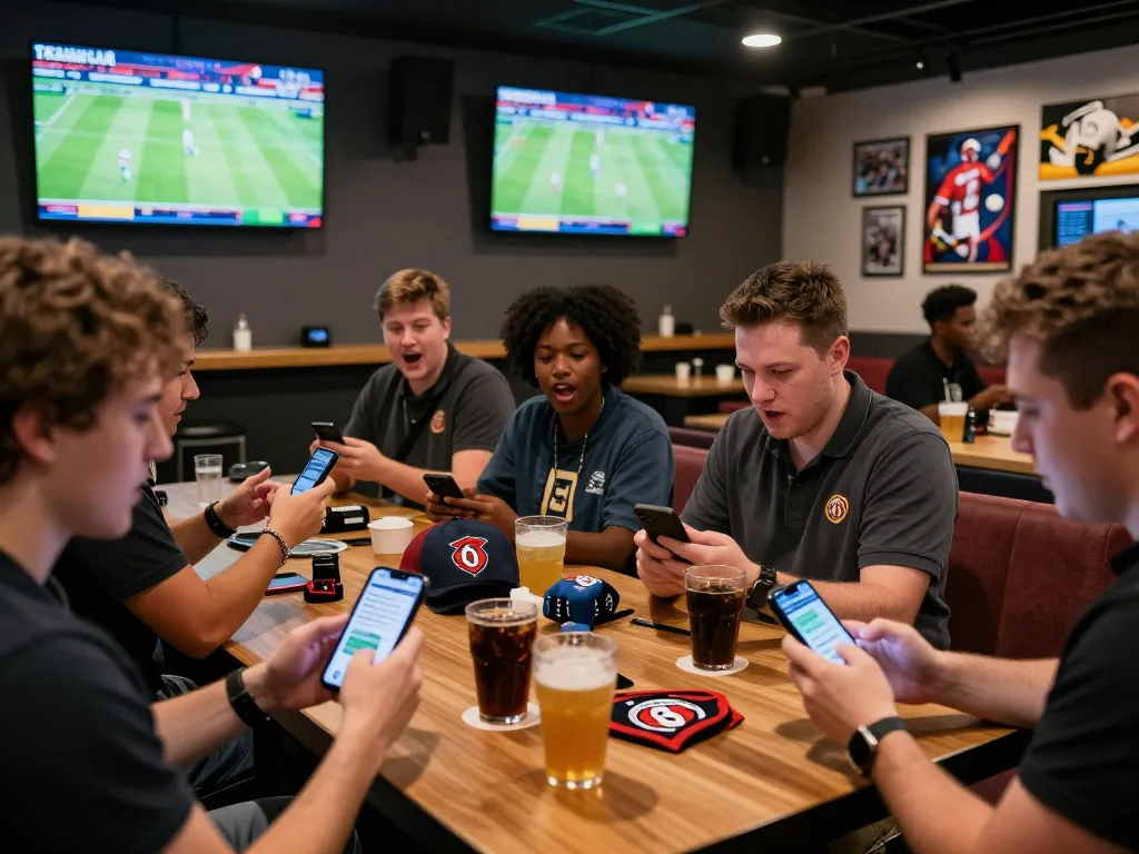 Exciting NET88 sports betting scene with fans engaging via smartphones in a vibrant atmosphere.