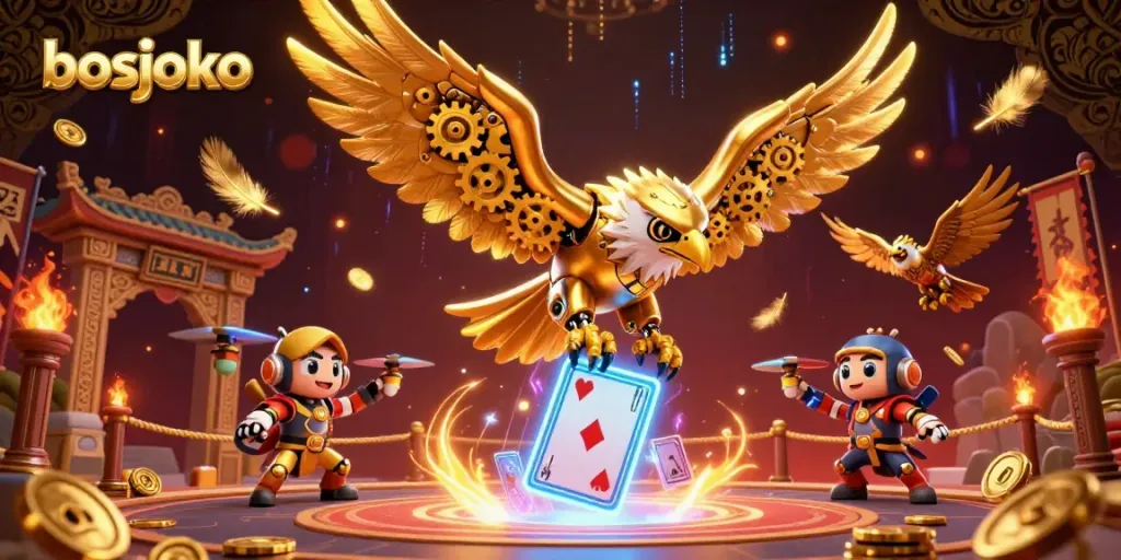 Experience the thrill with bosjoko, where the cybernetic eagle collects winnings amidst holographic cards and gold coins.
