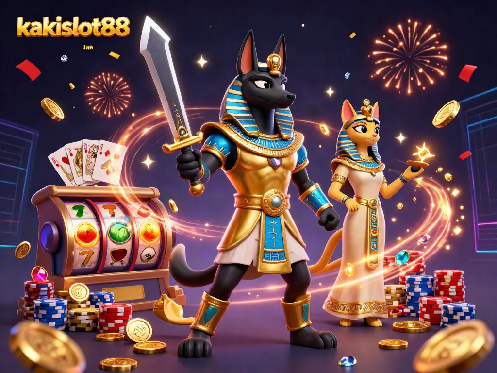 Melakukan putaran di slot kakislot88 link dengan anubis dan bastet, dikelilingi emas dan suasana meriah.